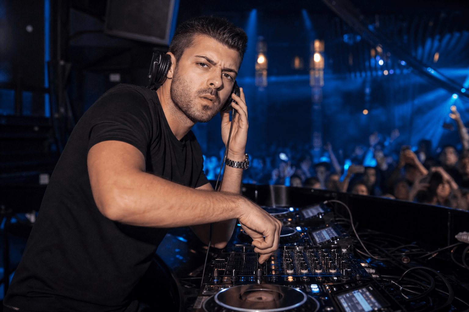 MIDOC mixing live in a blue-lit club